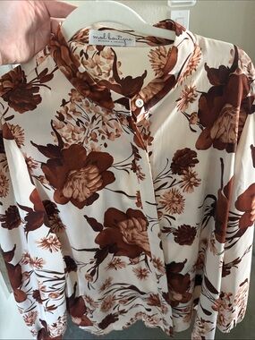 Mod Boutique Cream Button-Down Shirt with Brown Floral Print